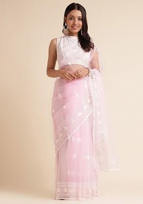 Pink Ethnic Motifs Embroidered Net Saree Set