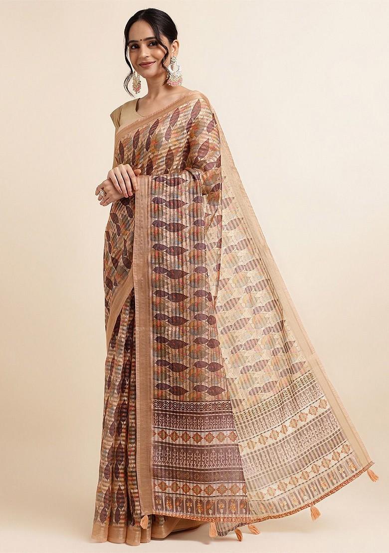 Beige Floral Print Zari Saree Set - Indya