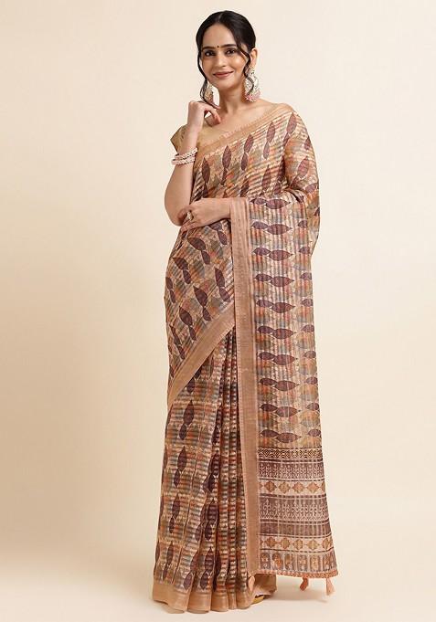 Beige Floral Print Zari Saree Set