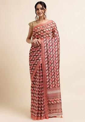 Red Geometric Print Zari Leheriya Saree Set