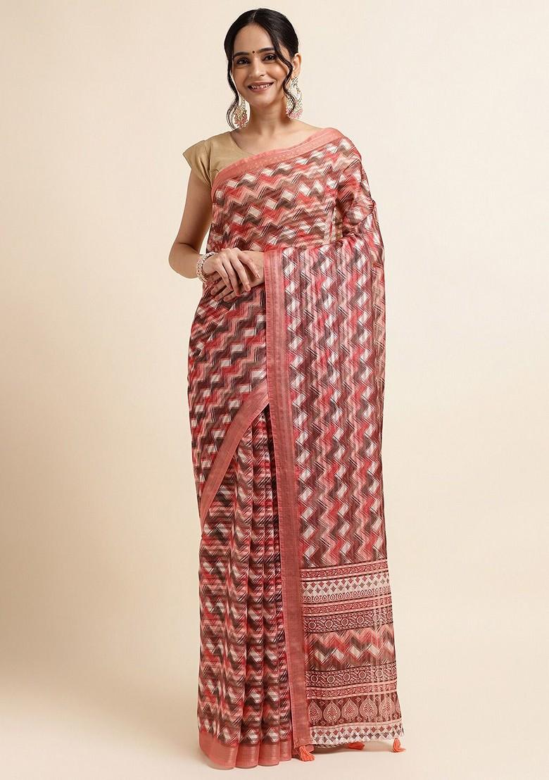 Red Geometric Print Zari Leheriya Saree Set