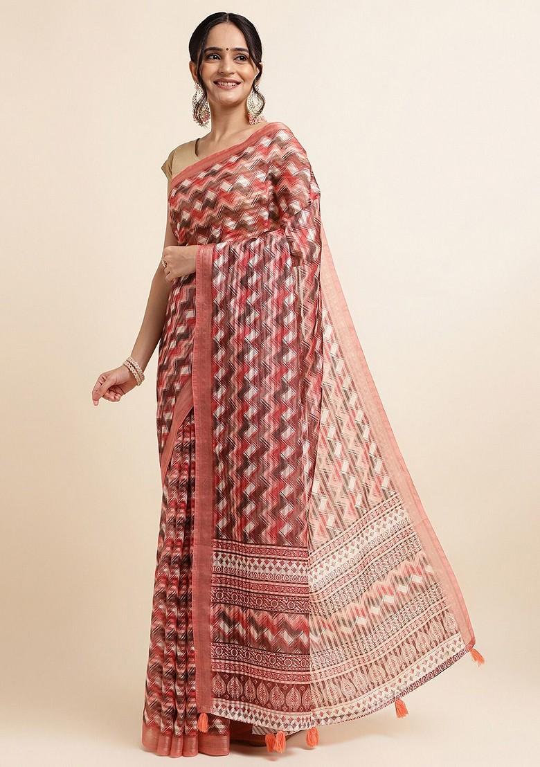 Red Geometric Print Zari Leheriya Saree Set