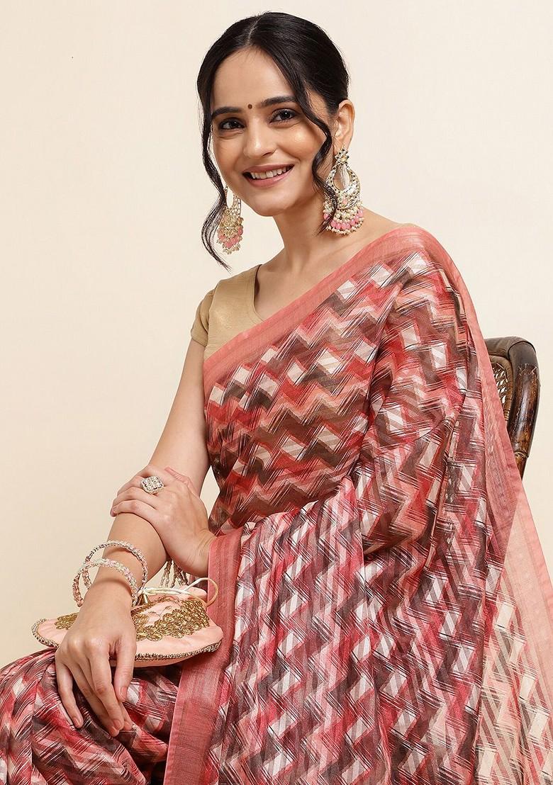 Red Geometric Print Zari Leheriya Saree Set