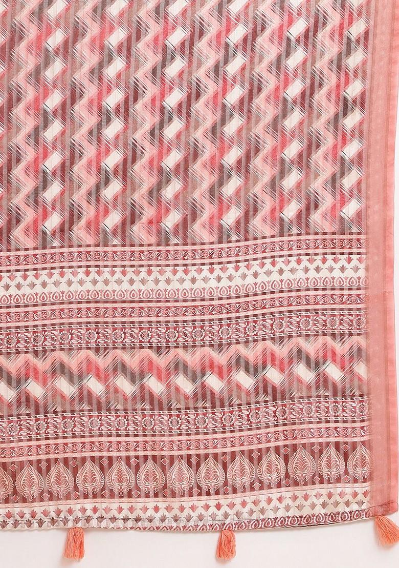 Red Geometric Print Zari Leheriya Saree Set