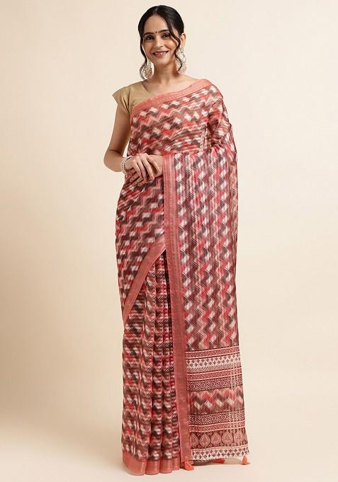 Red Geometric Print Zari Leheriya Saree Set