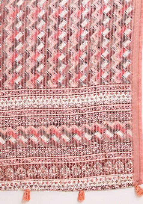 Red Geometric Print Zari Leheriya Saree Set