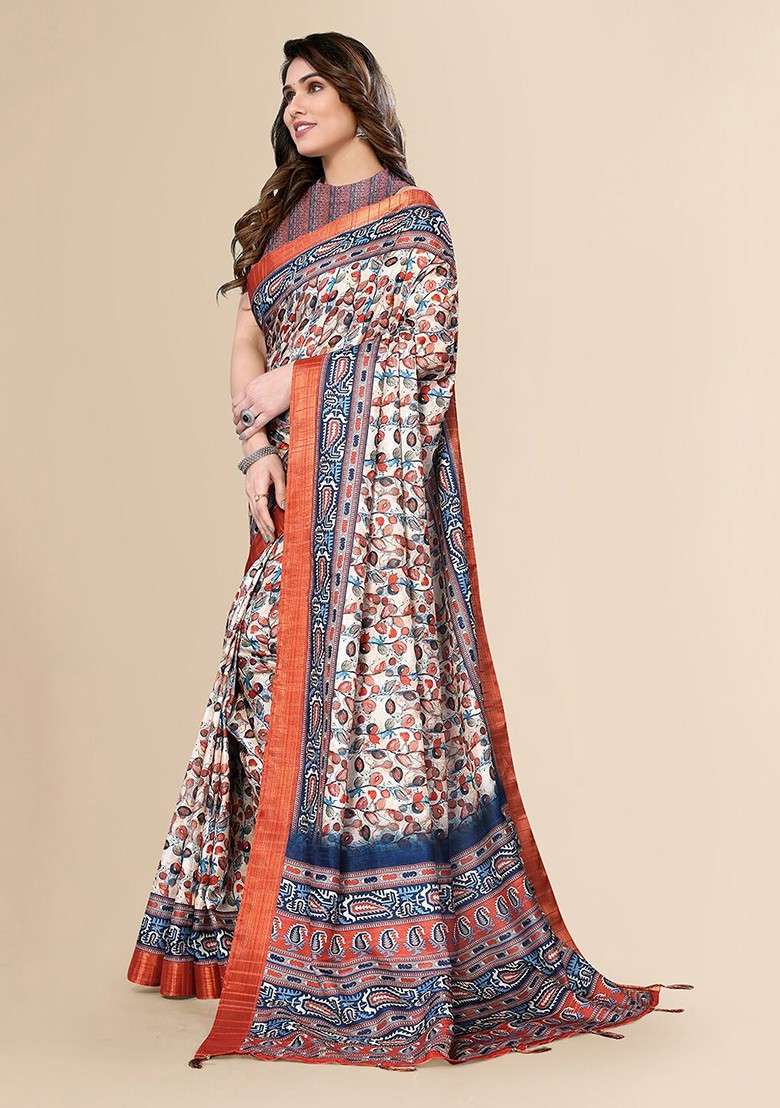 Orange Floral Print Pure Silk Blend Saree Set - Indya
