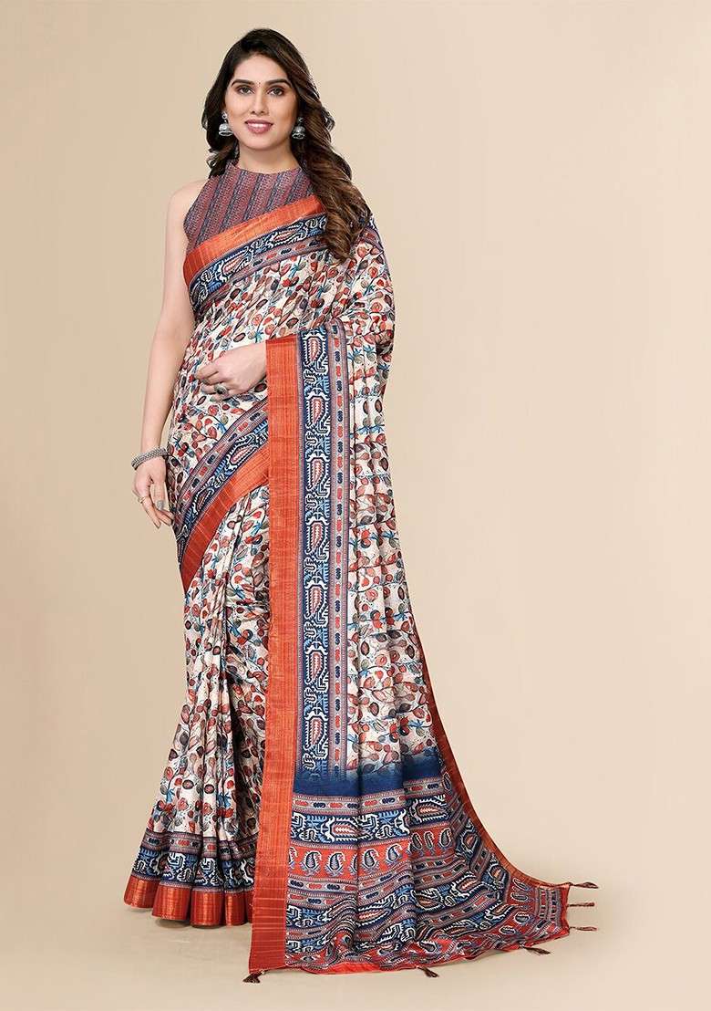 Orange Floral Print Pure Silk Blend Saree Set - Indya