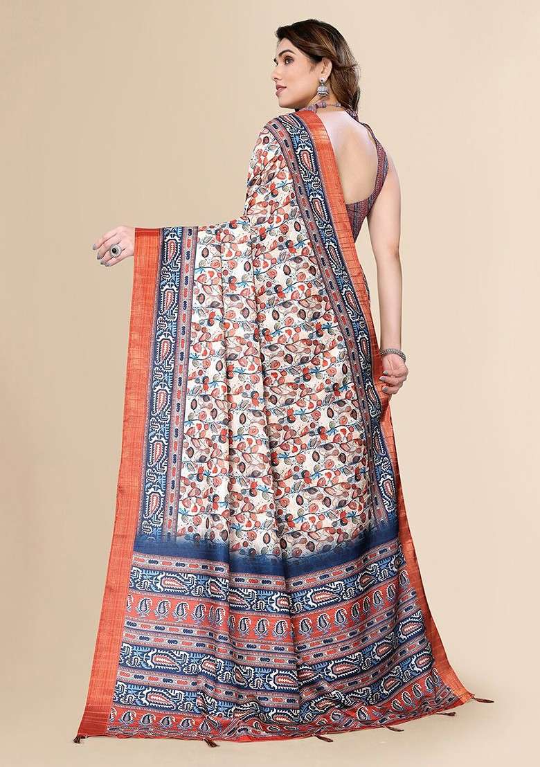Orange Floral Print Pure Silk Blend Saree Set - Indya
