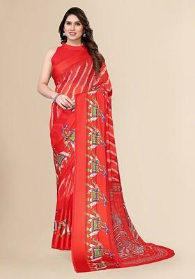 Red Ethnic Motifs Printed Pure Chiffon Saree Set