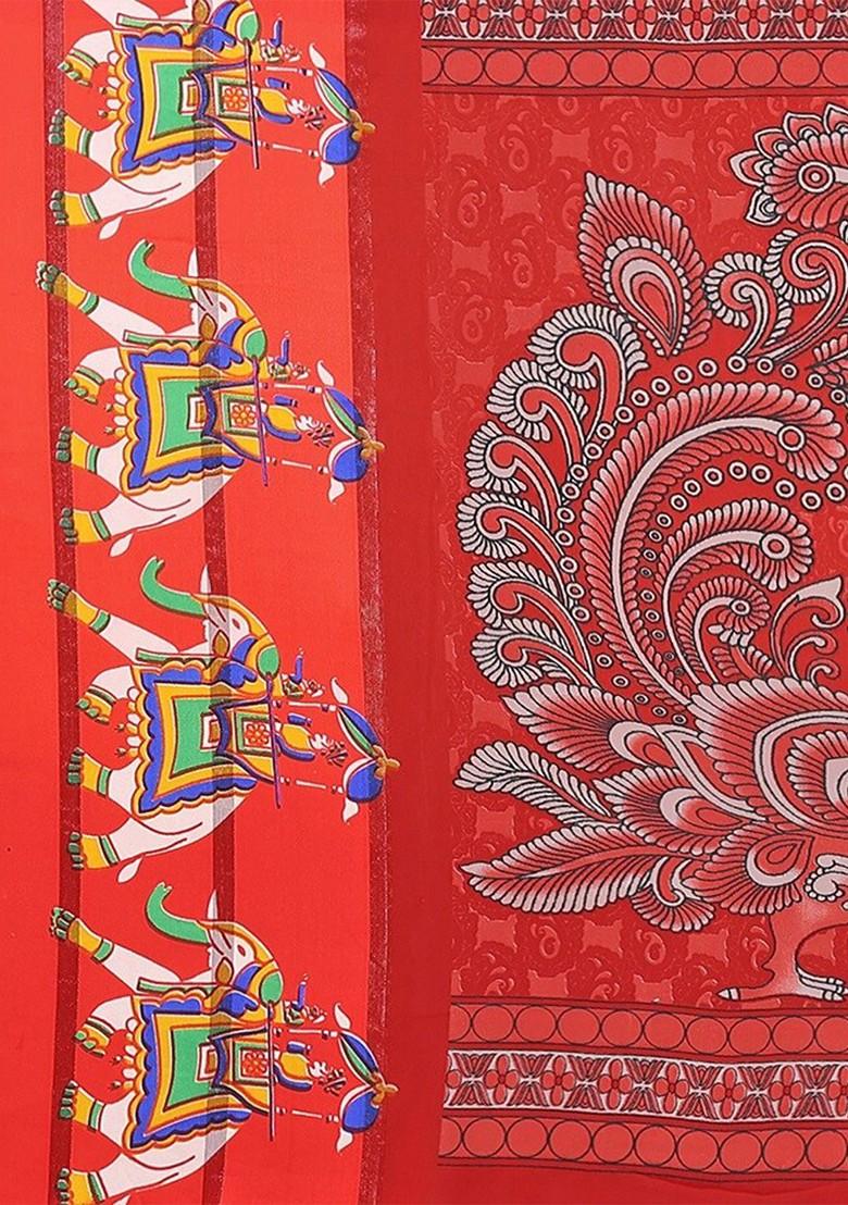 Red Ethnic Motifs Printed Pure Chiffon Saree Set