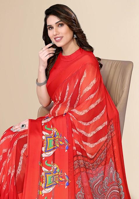 Red Ethnic Motifs Printed Pure Chiffon Saree Set