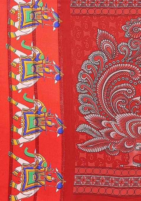 Red Ethnic Motifs Printed Pure Chiffon Saree Set