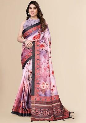 Black Floral Print Pure Silk Saree Set