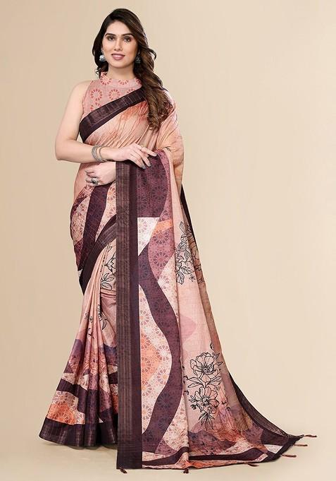 Camel Brown Floral Print Pure Silk Saree Set