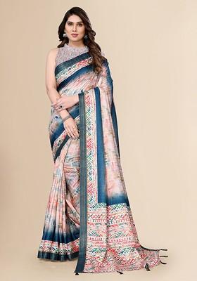 Turquoise Blue Floral Print Pure Silk Saree Set