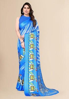 Blue Ethnic Motifs Printed Zari Pure Chiffon Saree Set