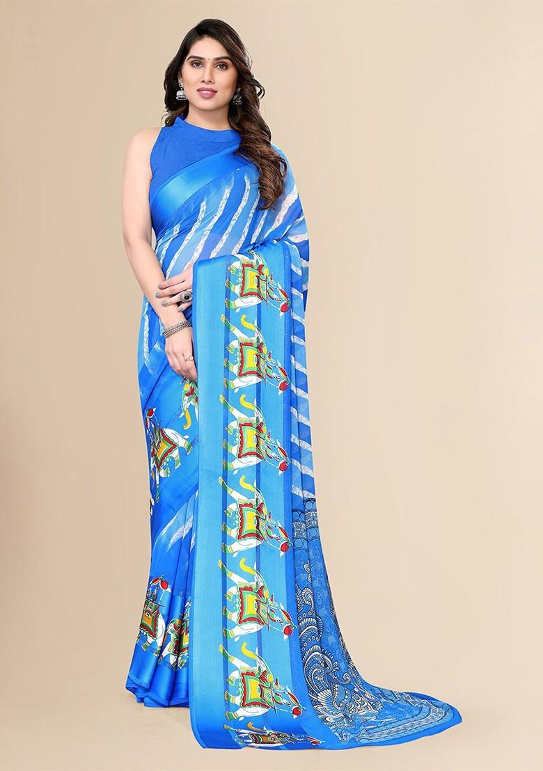 Blue Ethnic Motifs Printed Zari Pure Chiffon Saree Set