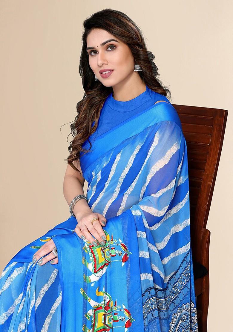 Blue Ethnic Motifs Printed Zari Pure Chiffon Saree Set