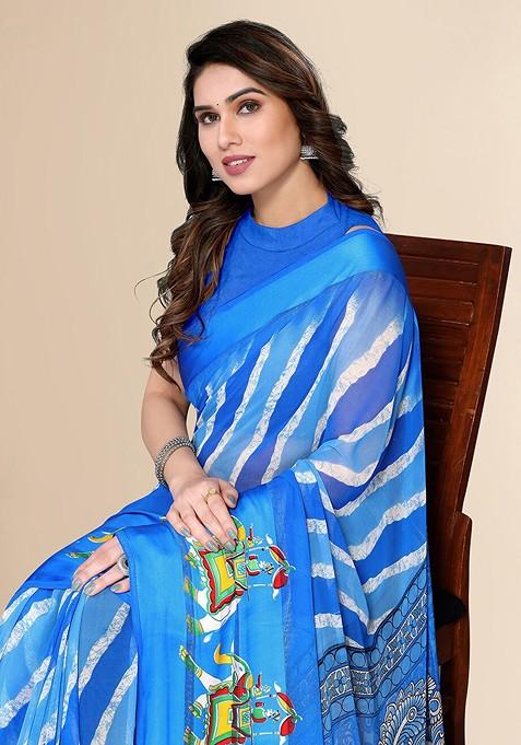 Blue Ethnic Motifs Printed Zari Pure Chiffon Saree Set