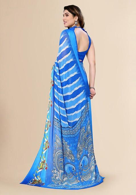 Blue Ethnic Motifs Printed Zari Pure Chiffon Saree Set