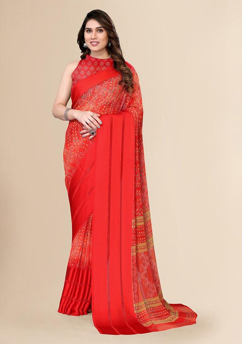 Red Ethnic Motifs Printed Pure Chiffon Saree Set