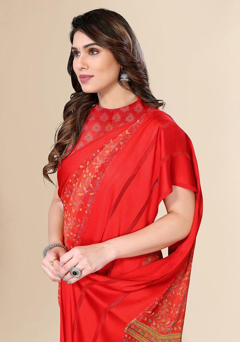 Red Ethnic Motifs Printed Pure Chiffon Saree Set