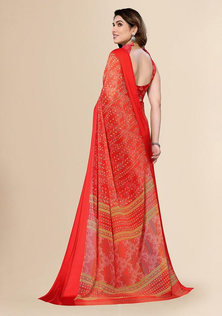 Red Ethnic Motifs Printed Pure Chiffon Saree Set