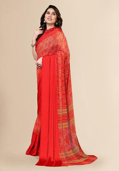 Red Ethnic Motifs Printed Pure Chiffon Saree Set
