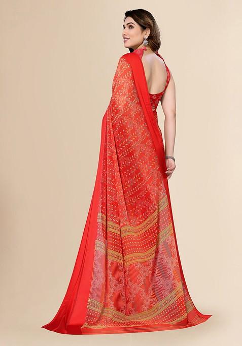 Red Ethnic Motifs Printed Pure Chiffon Saree Set