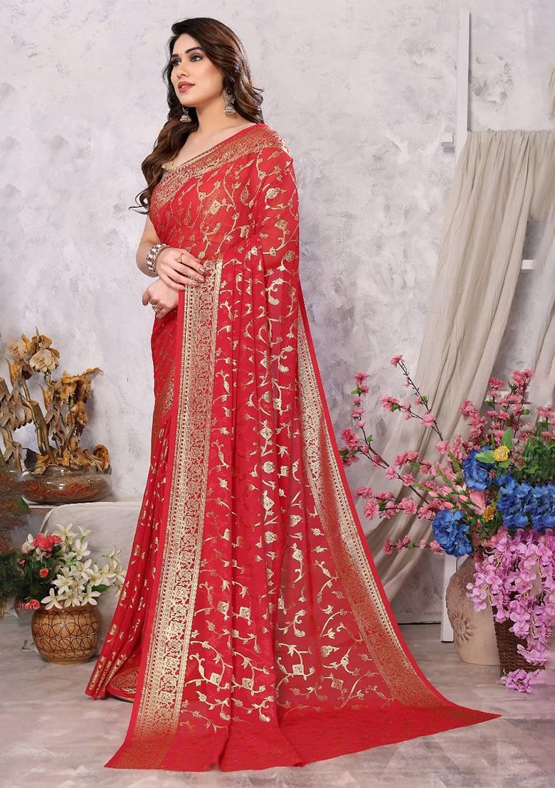 Red Ethnic Motifs Printed Saree Set