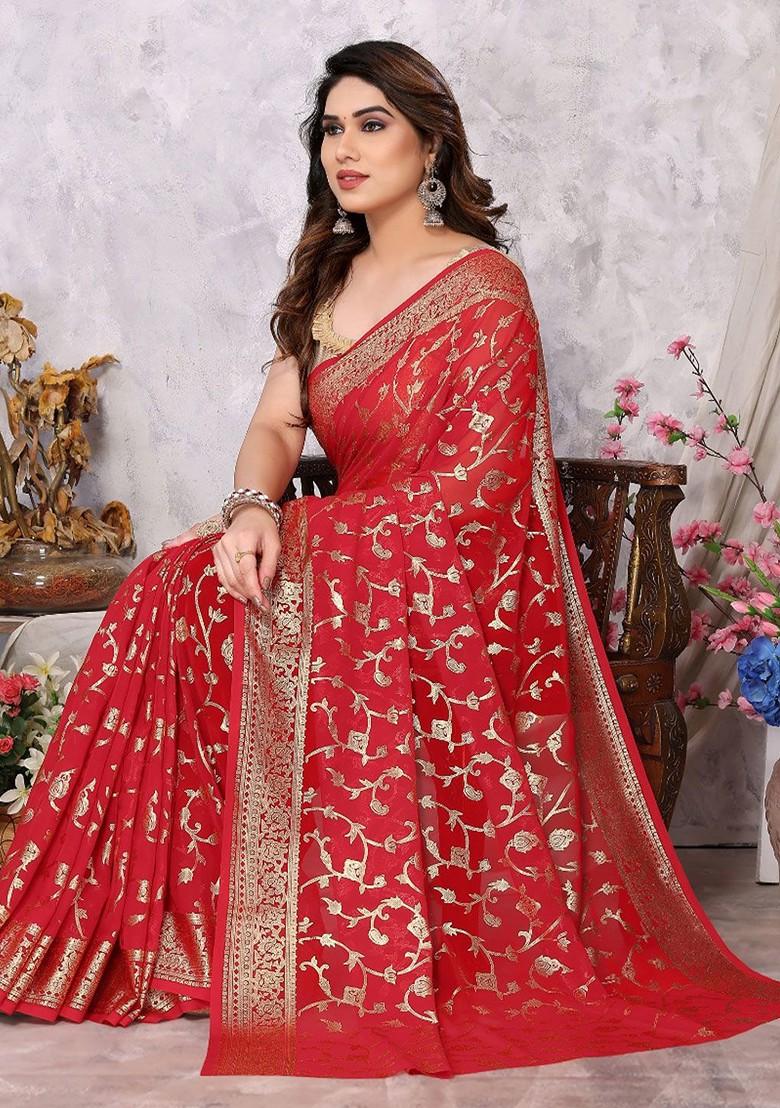 Red Ethnic Motifs Printed Saree Set