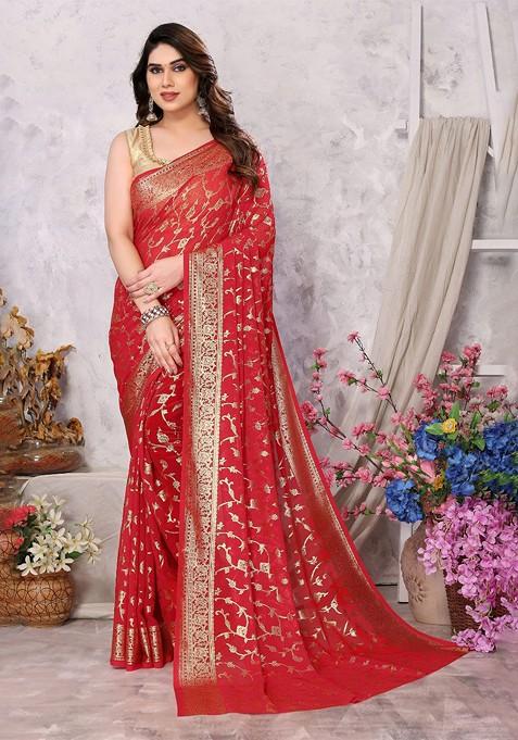 Red Ethnic Motifs Printed Saree Set