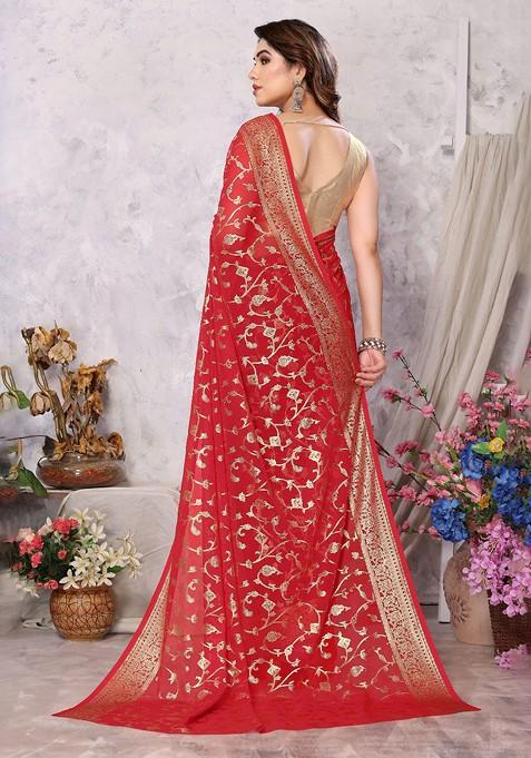 Red Ethnic Motifs Printed Saree Set
