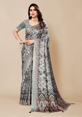 Green Geometric Print Saree Set