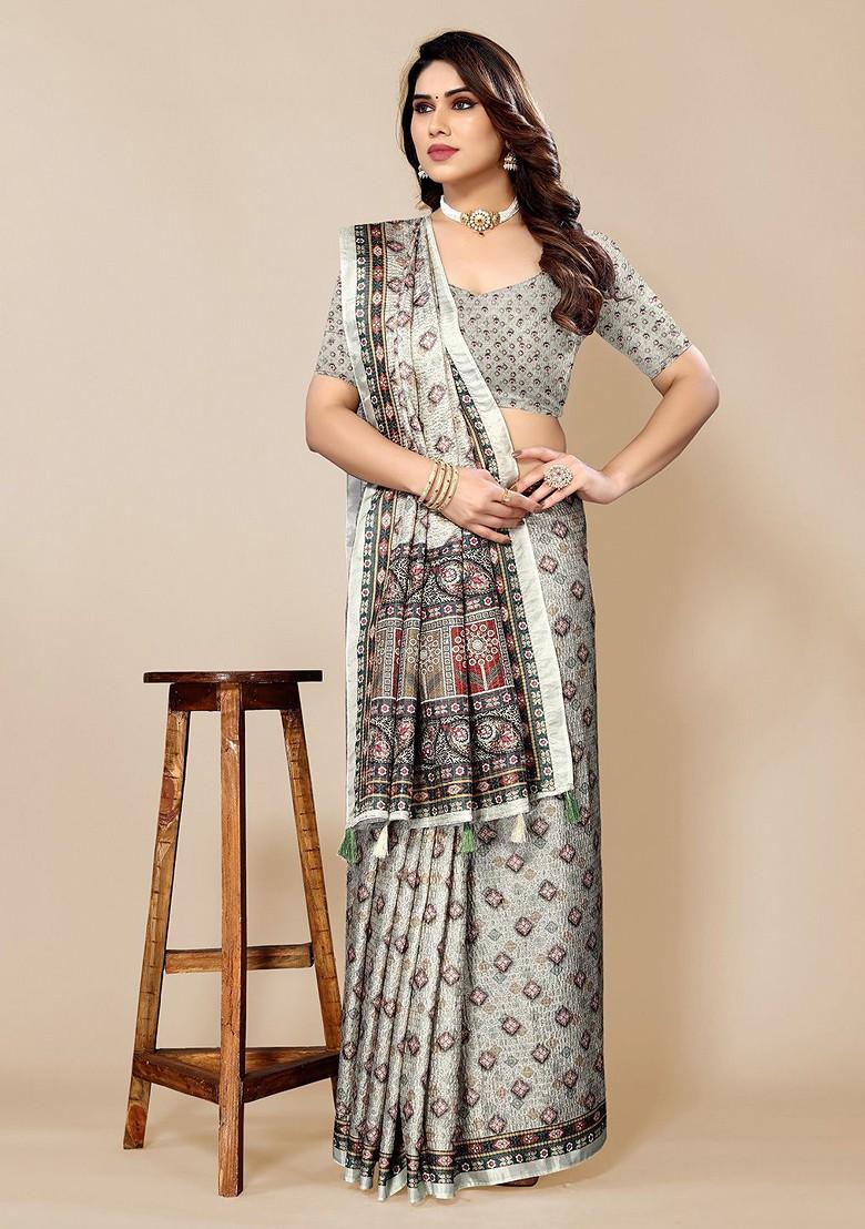 Green Ethnic Motifs Printed Saree Set