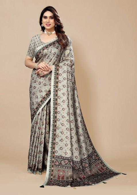 Green Ethnic Motifs Printed Saree Set