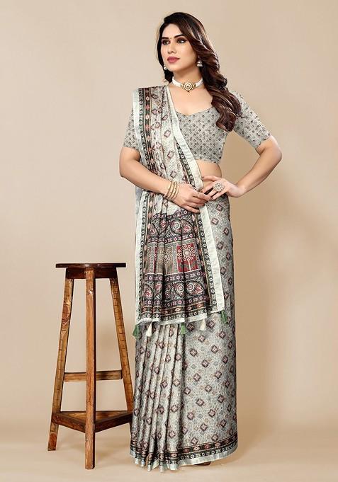 Green Ethnic Motifs Printed Saree Set