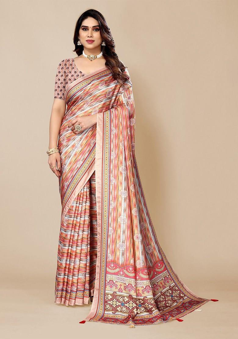Peach Ethnic Motifs Printed Saree Set