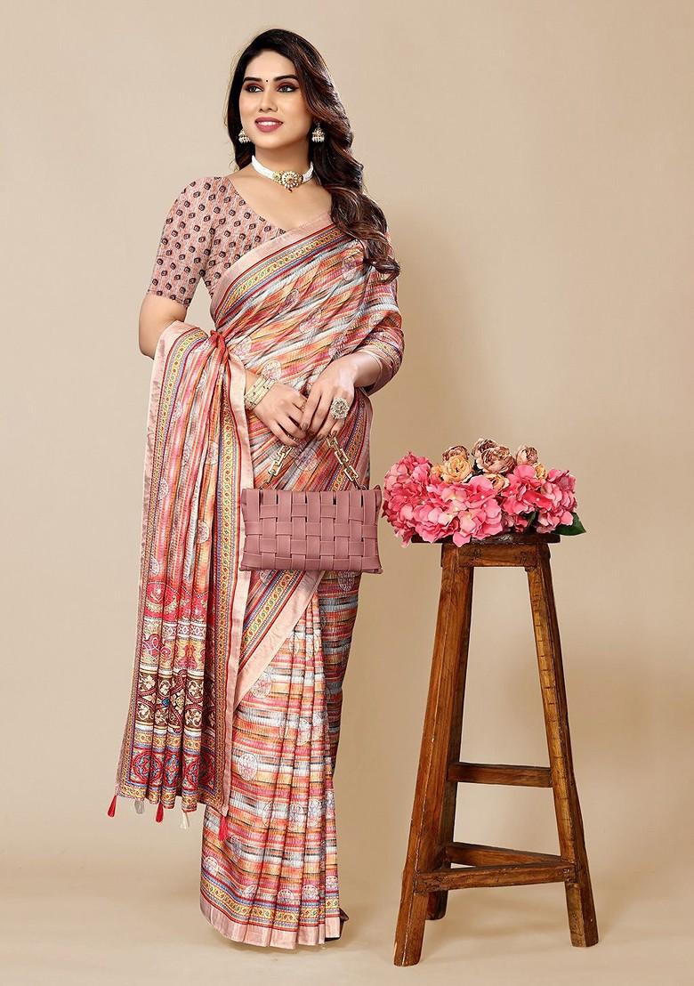 Peach Ethnic Motifs Printed Saree Set