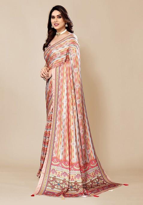 Peach Ethnic Motifs Printed Saree Set