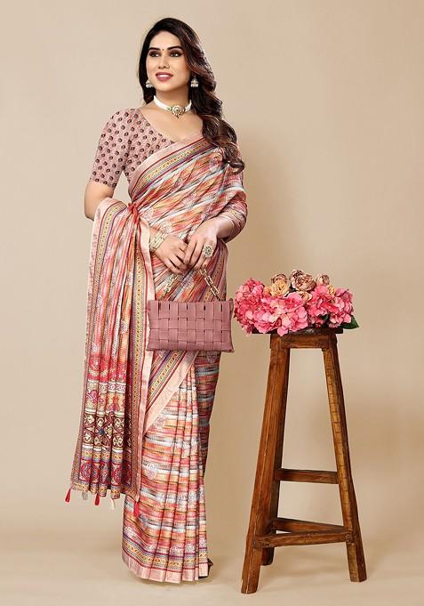 Peach Ethnic Motifs Printed Saree Set