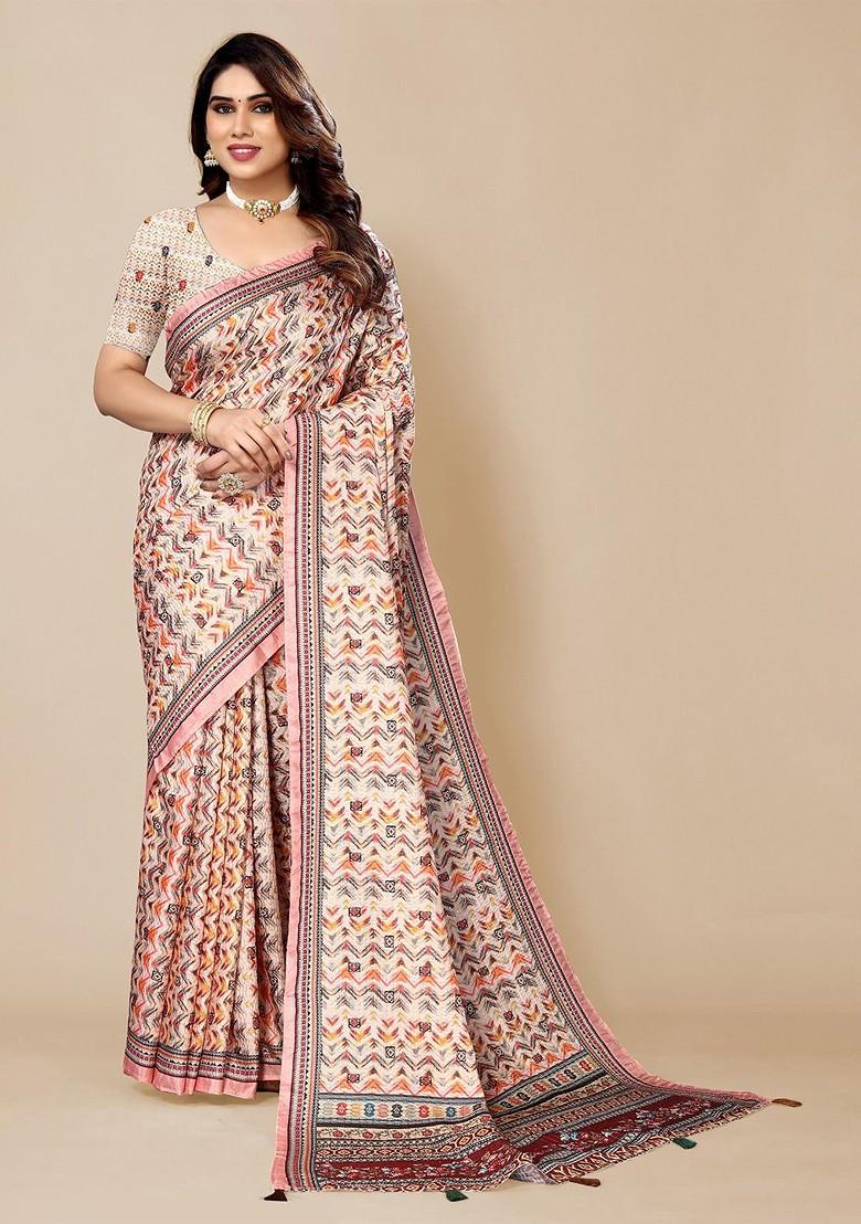 Cream Ethnic Motifs Printed Saree Set