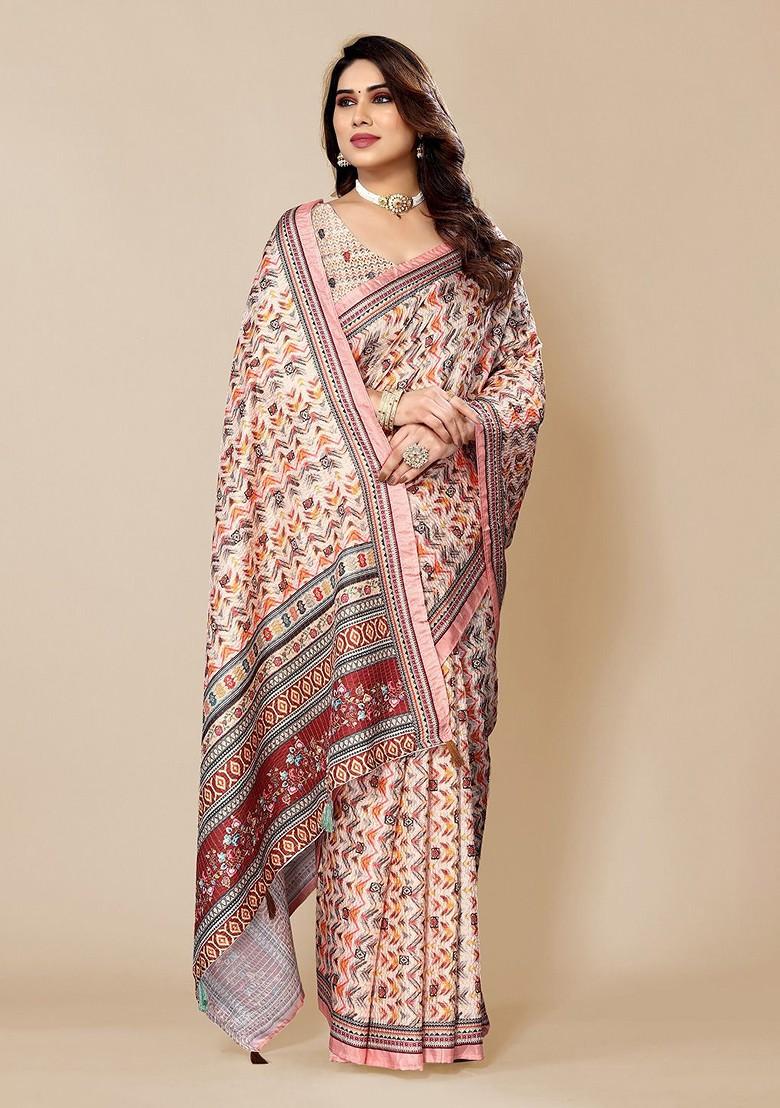 Cream Ethnic Motifs Printed Saree Set