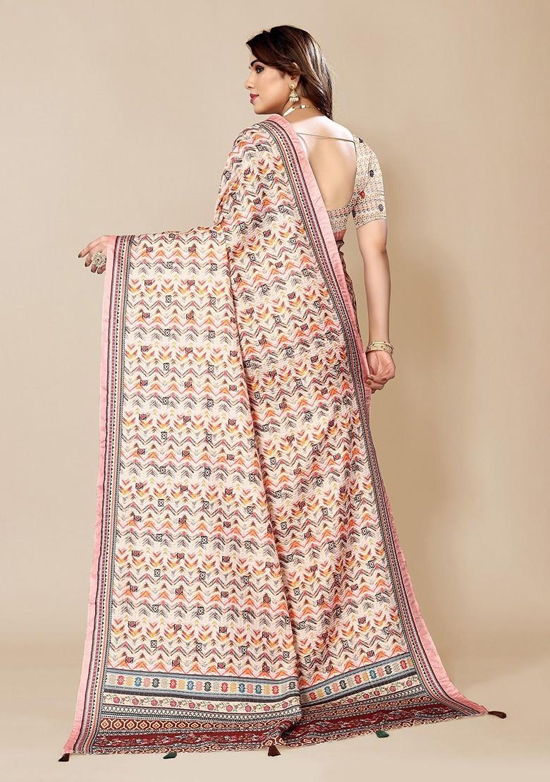 Cream Ethnic Motifs Printed Saree Set