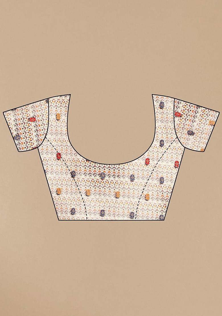 Cream Ethnic Motifs Printed Saree Set