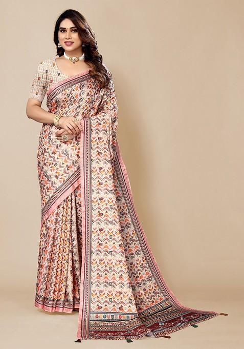 Cream Ethnic Motifs Printed Saree Set
