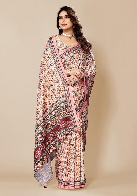 Cream Ethnic Motifs Printed Saree Set