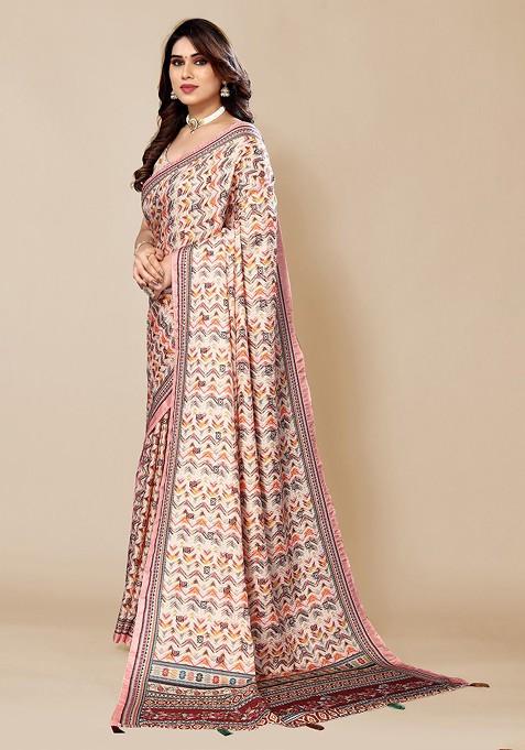 Cream Ethnic Motifs Printed Saree Set