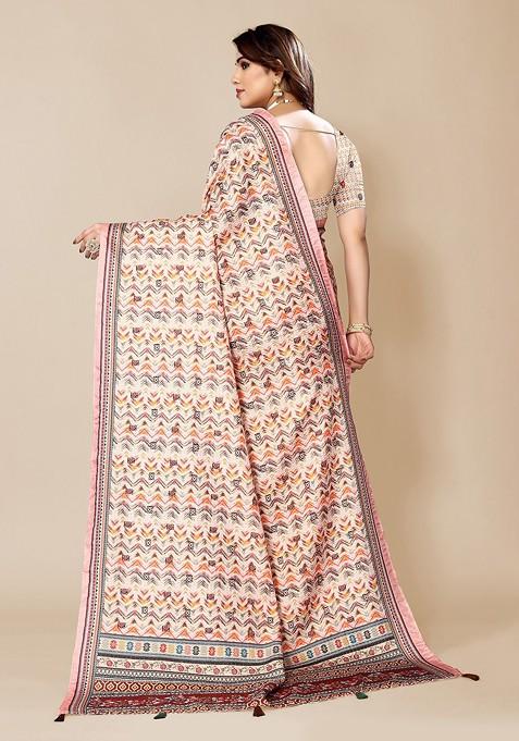 Cream Ethnic Motifs Printed Saree Set